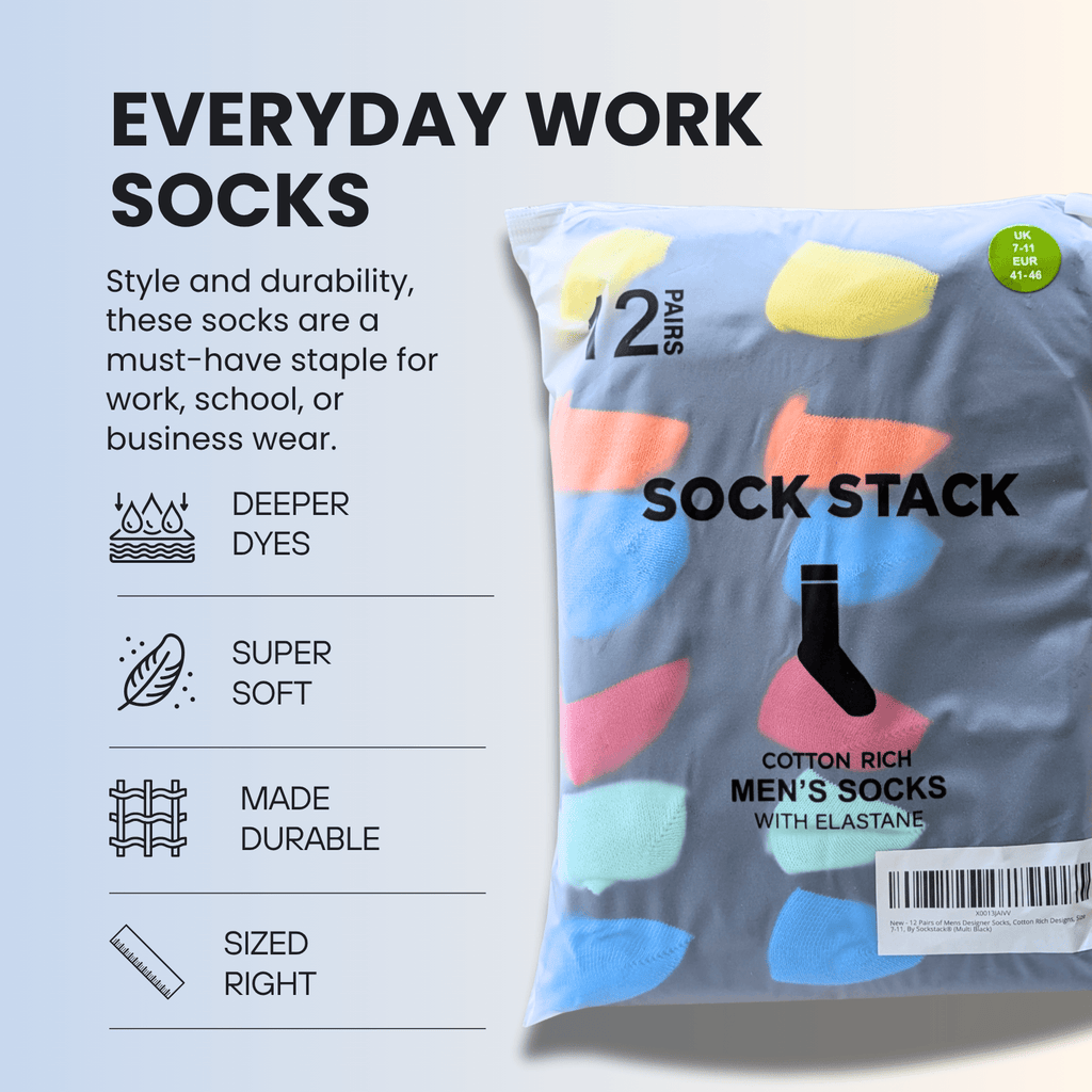 Sock Stack Mens Socks 12 Pairs Cotton Colorful Heel Toe Black Argyle Diamond Easycare