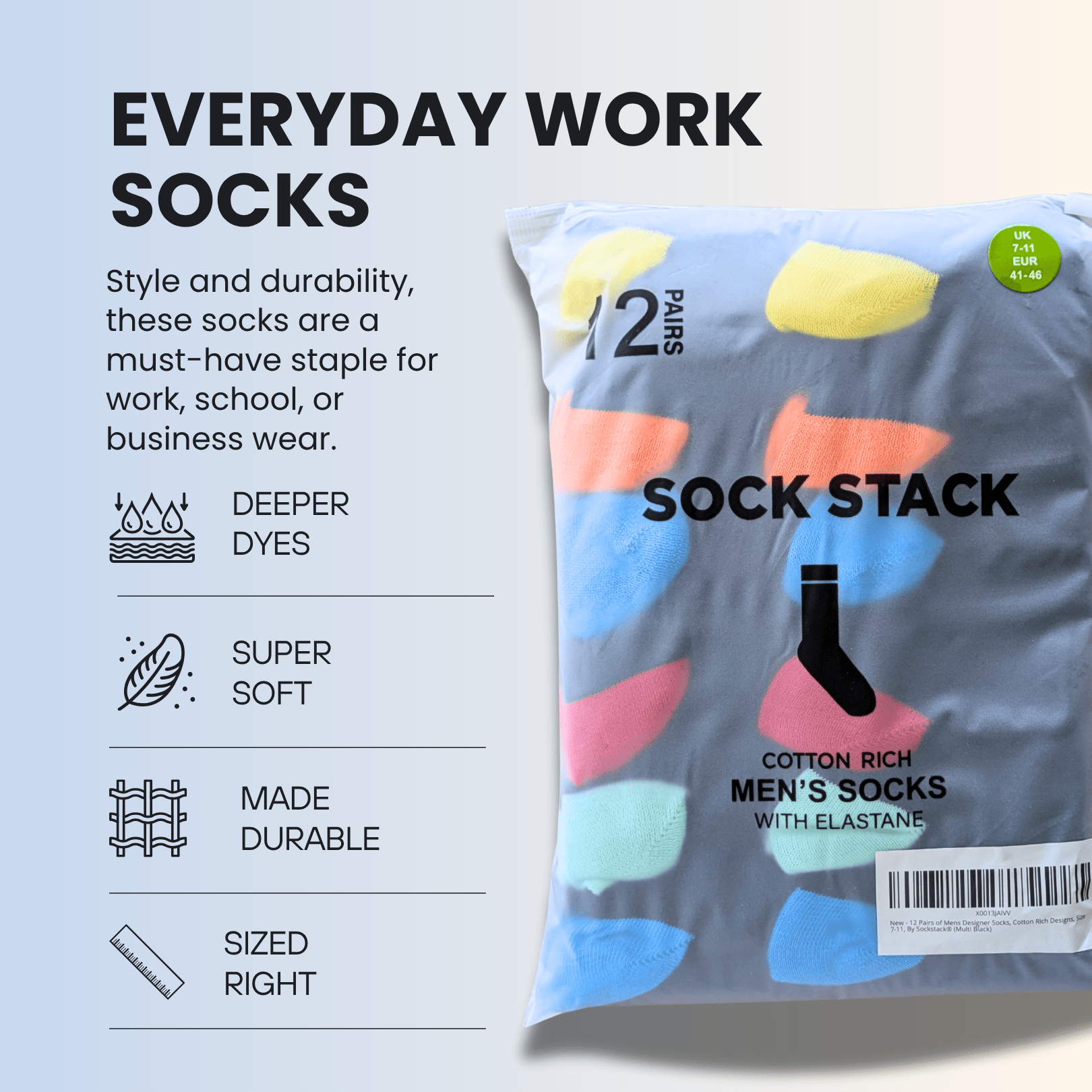Sock Stack Mens Socks 12 Pairs Cotton Colorful Heel Toe Black Argyle Diamond Easycare