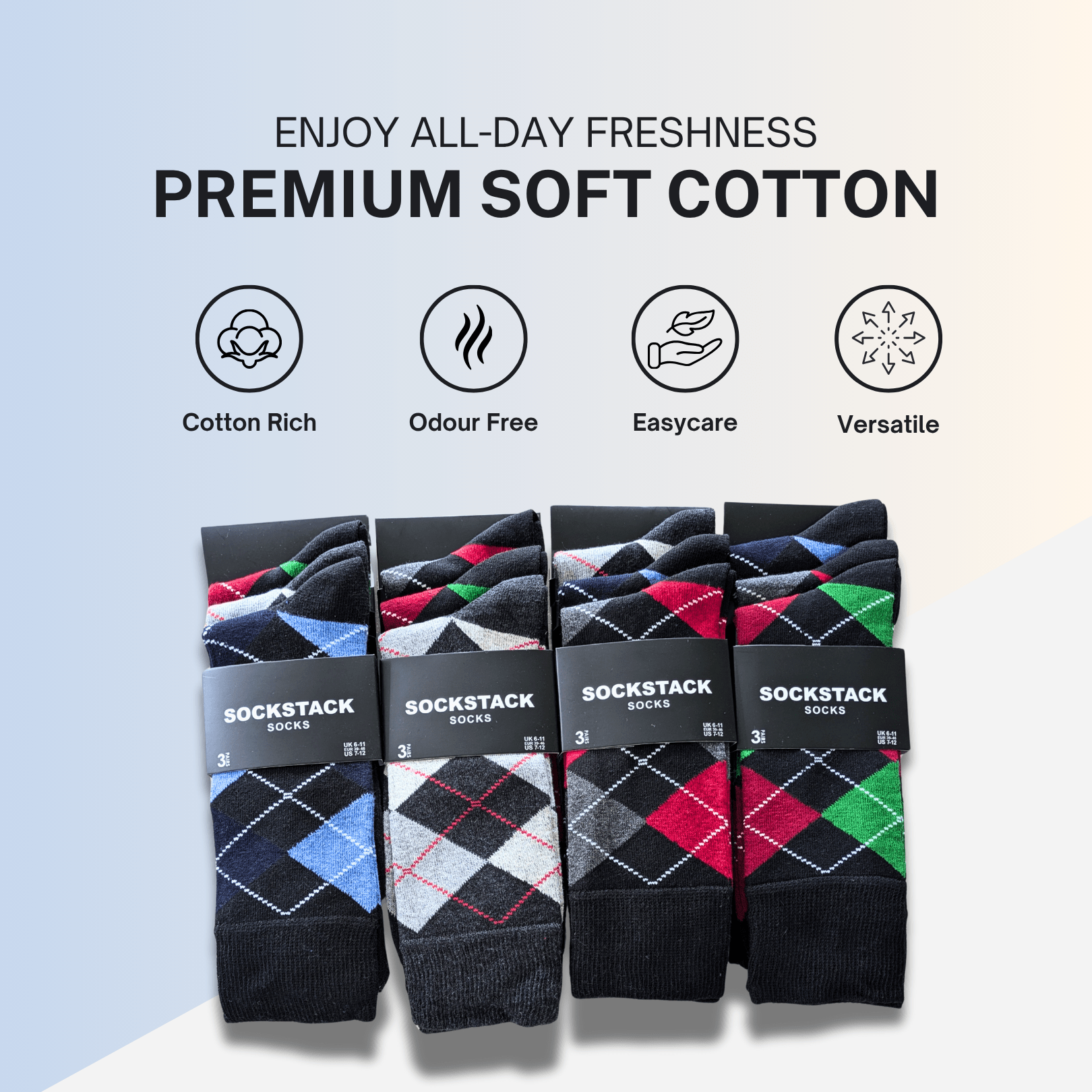 Sock Stack Mens Socks 12 Pairs Cotton Colorful Heel Toe Black Argyle Diamond Easycare