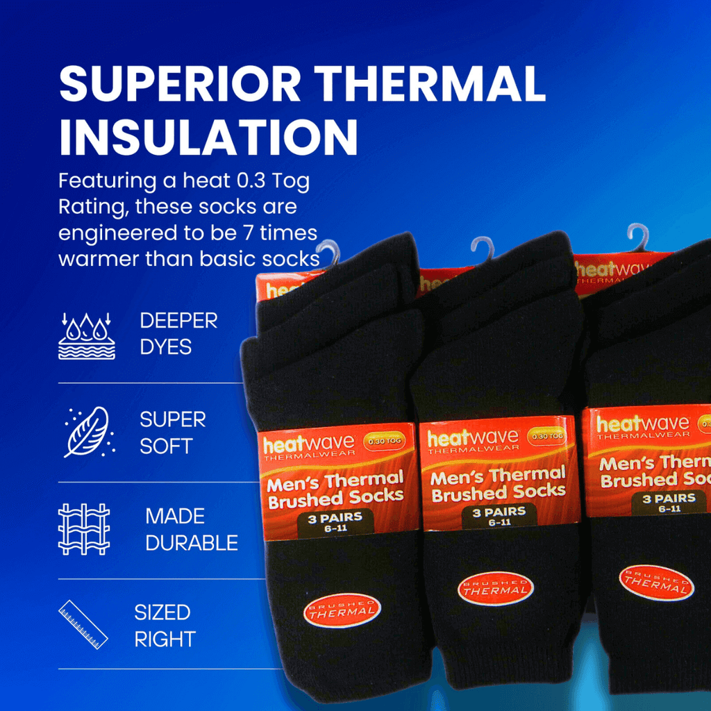 Heatwave Thermalwear Mens Black Thermal Socks 24 Pairs Double Brushed Knit Brushed Base Layer Warmth