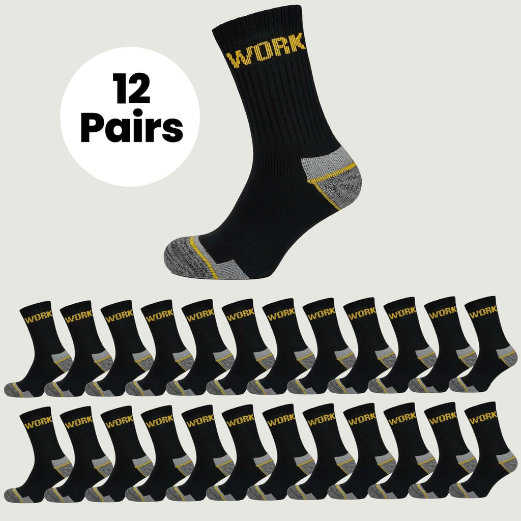 Sock Stack Men's Heavy Duty Work Socks 12 Pairs Cushion Sole Reinforced Toe Heel Black Breathable Cotton Rich Everyday Pack