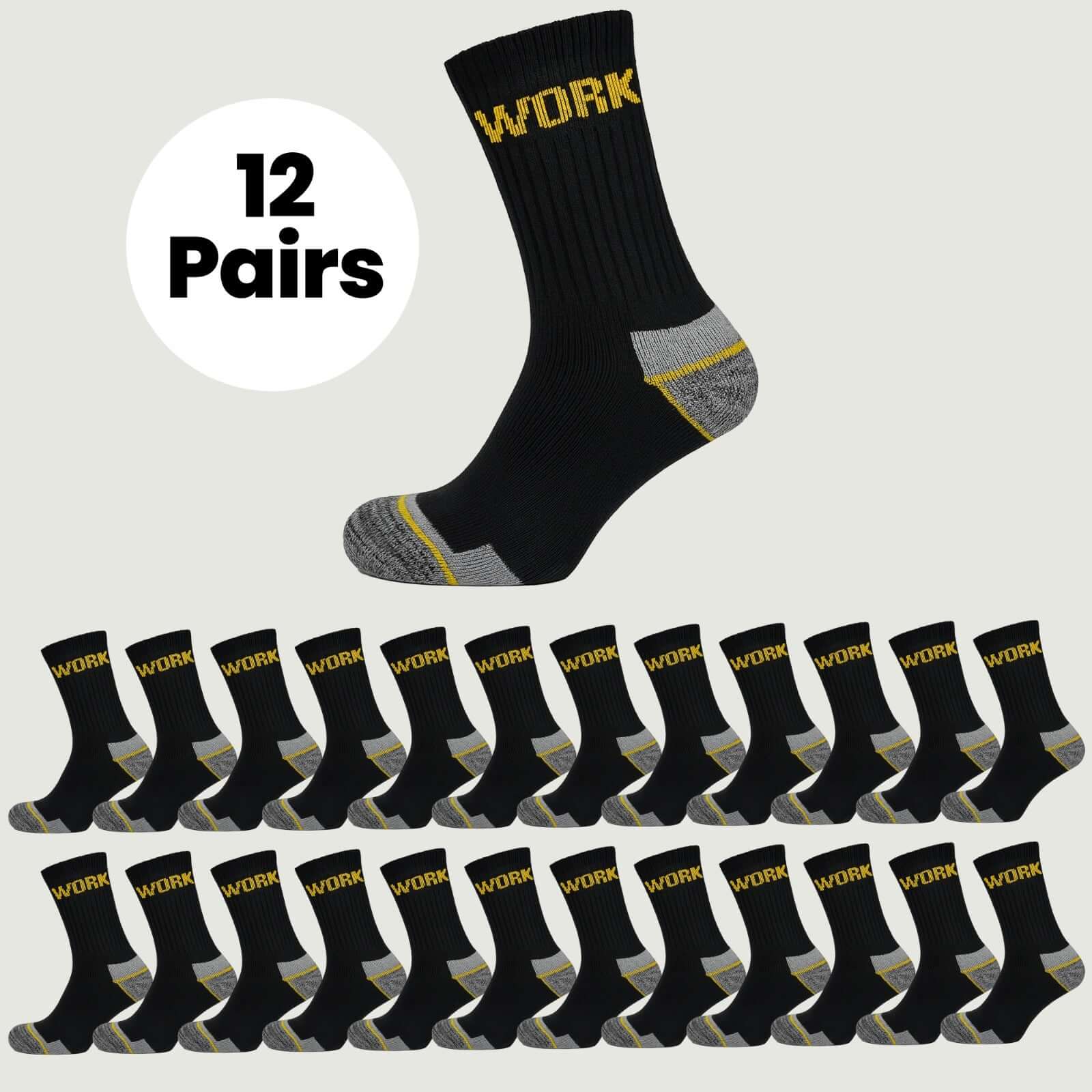 Sock Stack Men's Heavy Duty Work Socks 12 Pairs Cushion Sole Reinforced Toe Heel Black Breathable Cotton Rich Everyday Pack
