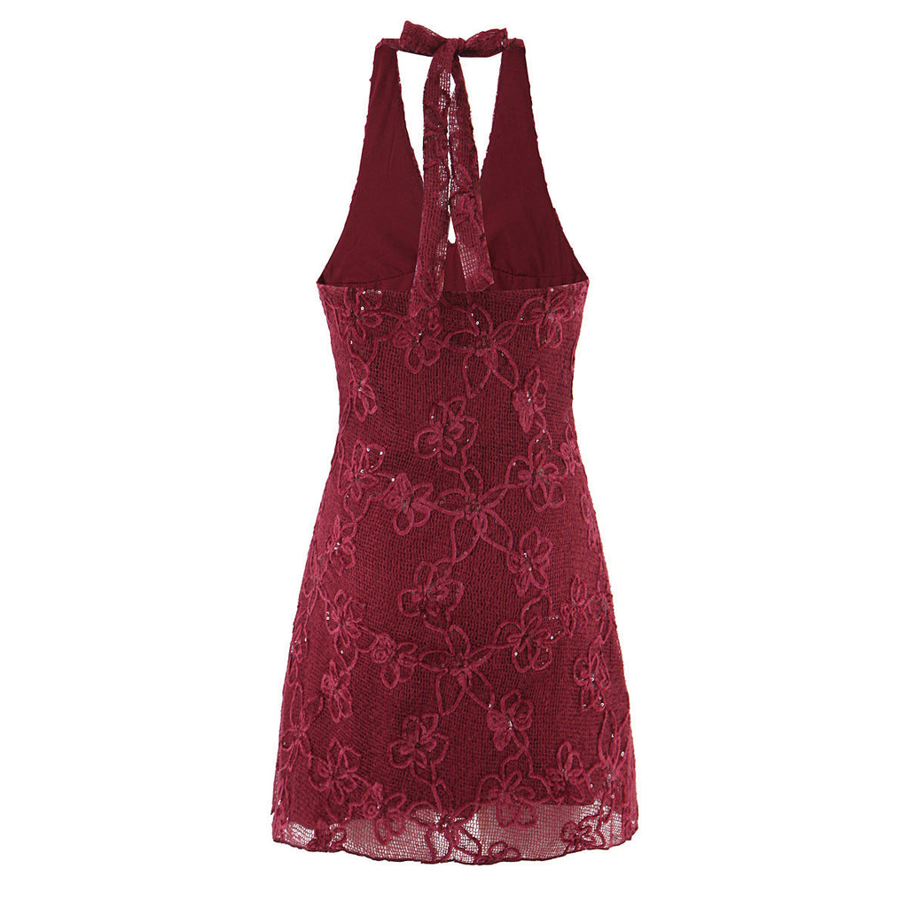 Elegant Heavy Embroidery Velvet Halter Evening Dress