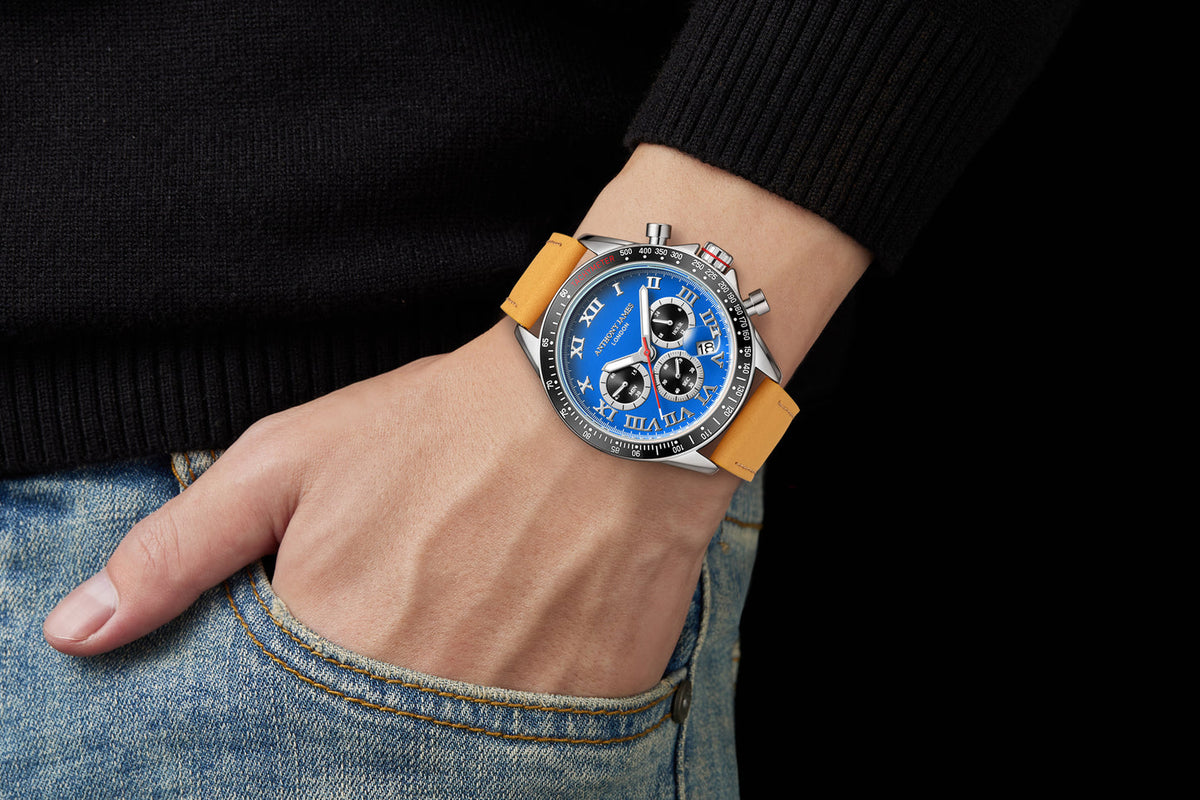 Hand Assembled Anthony James Limited Edition Tachymeter Turbo Steel Blue