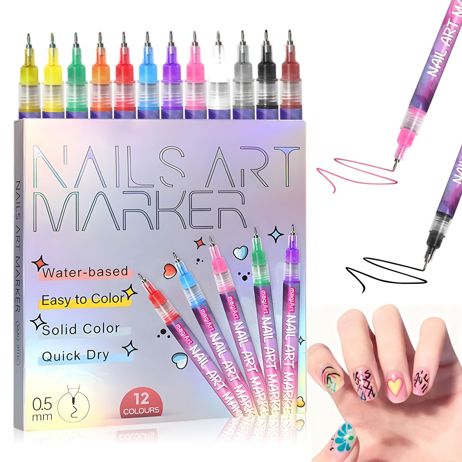 12 Color Nail Art Pens Set – 0.5mm Quick-Dry Nail Markers for DIY Nail Art