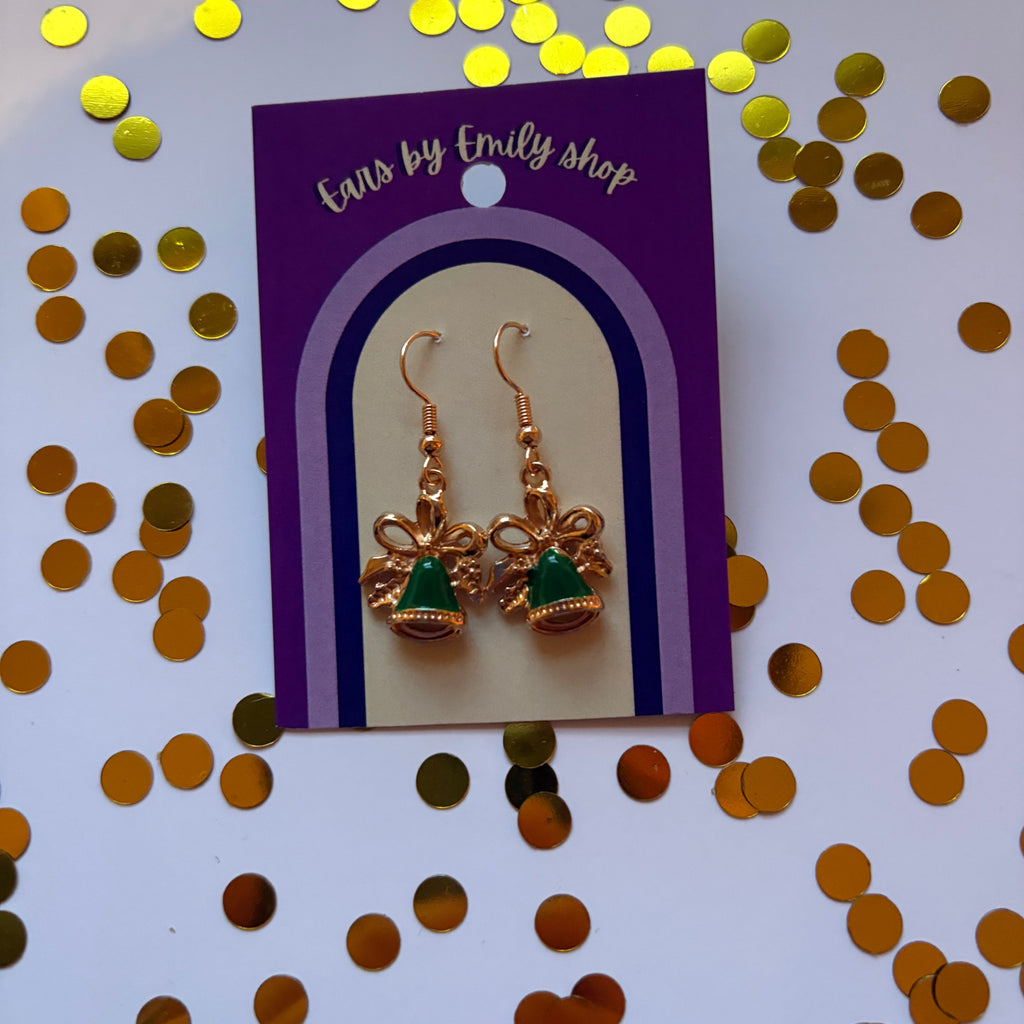 Green Christmas bell and bow gold earrings