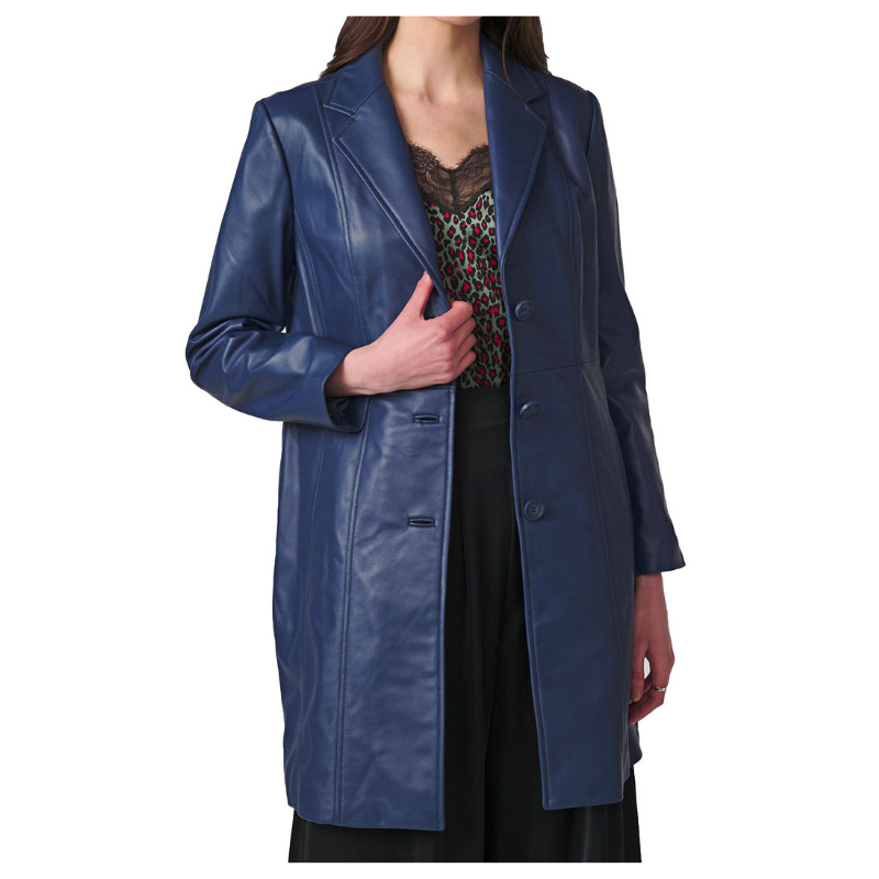 Women's Blue Single-Breasted Leather Coat