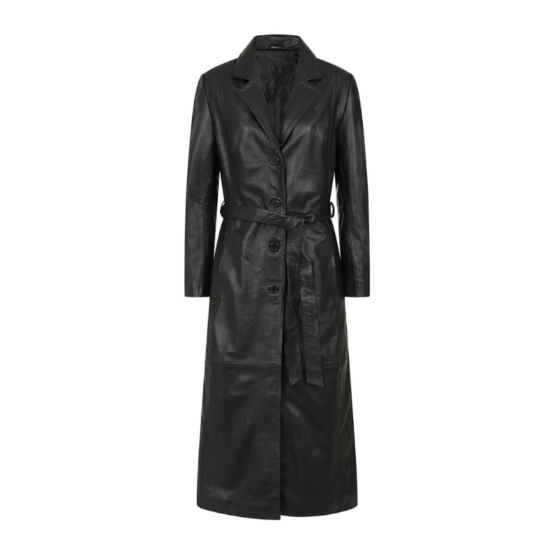 Women's Long Black Leather Trench Coat