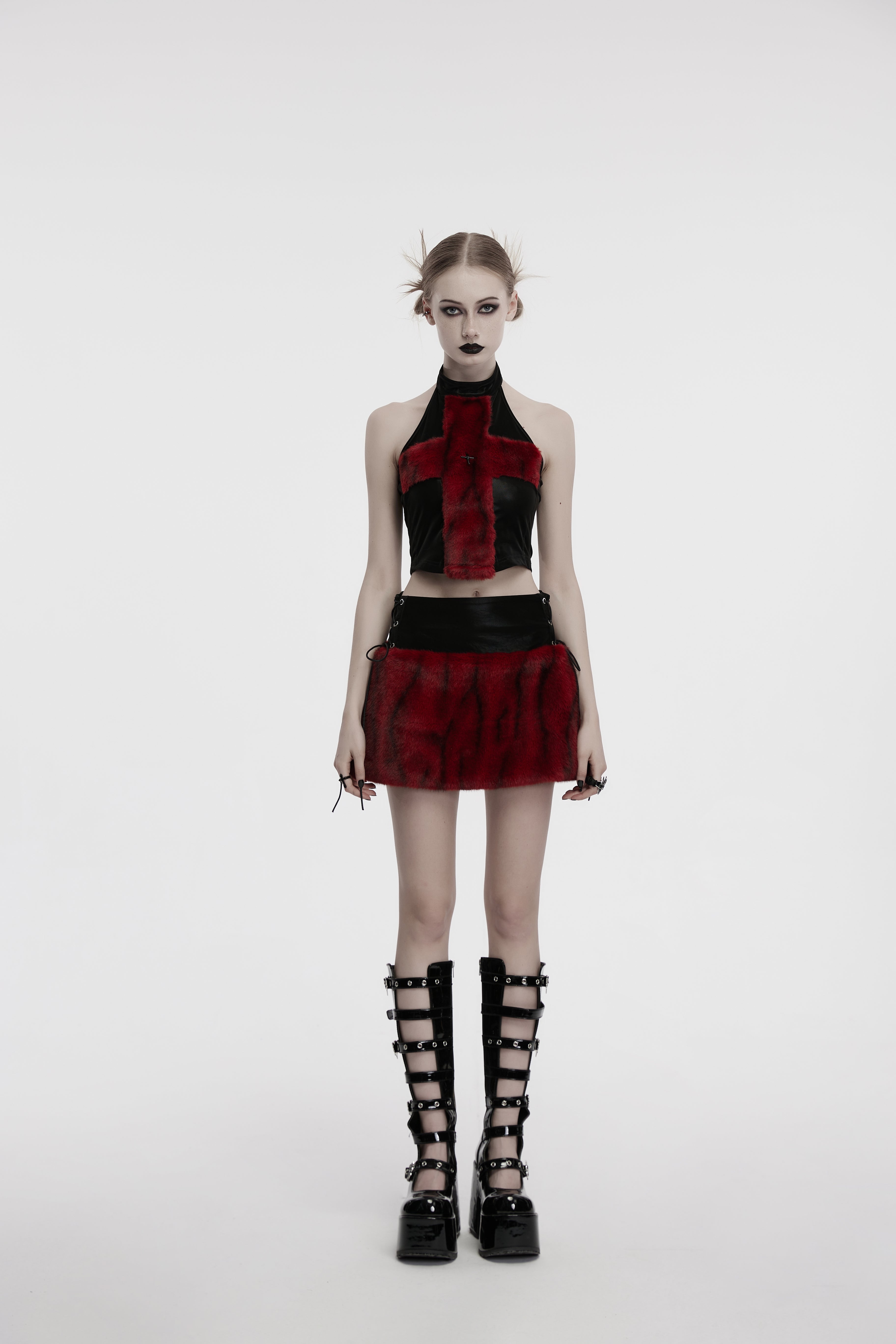 Punk Rave Valora Cross Fur Halter Top In Crimson