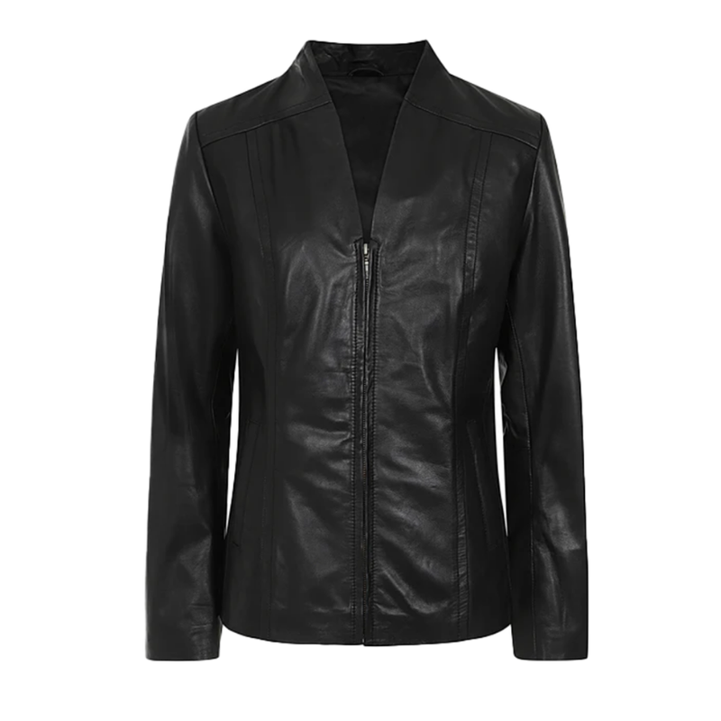 Women's Black Leather Stand-Collar Jacket