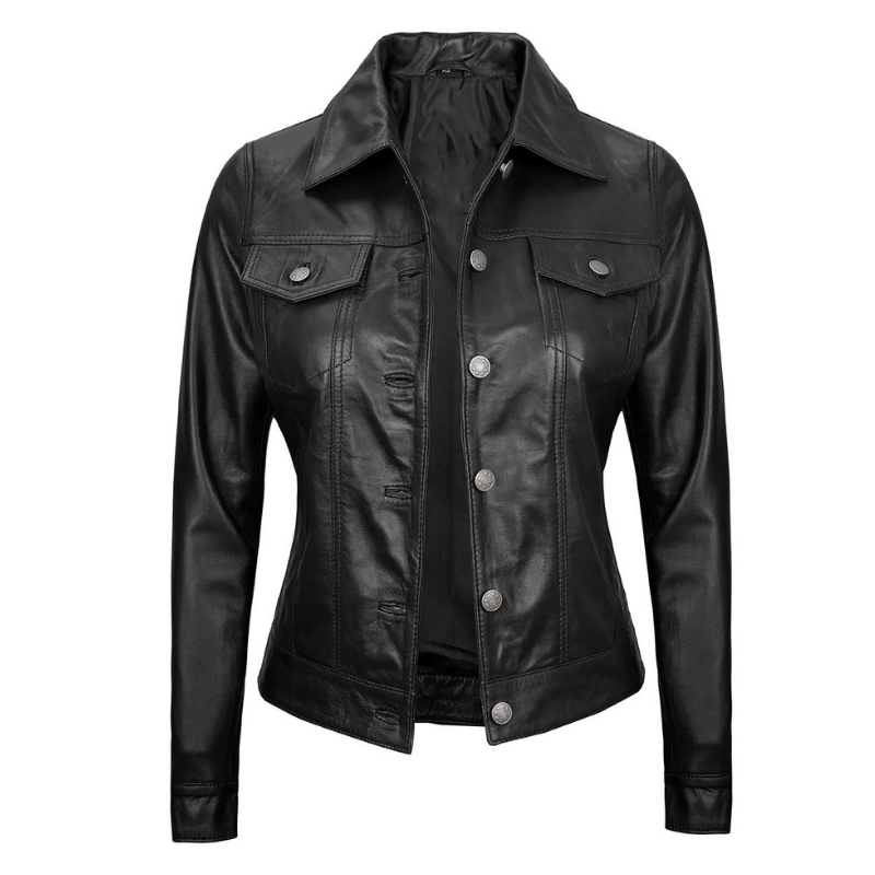 Women's Black Leather Button-Front Jacket