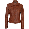 Women's Brown Leather Button-Front Trucker