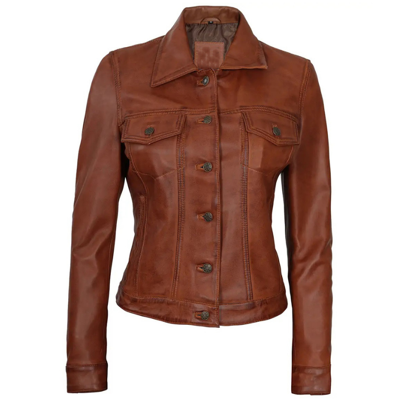 Women's Brown Leather Button-Front Trucker