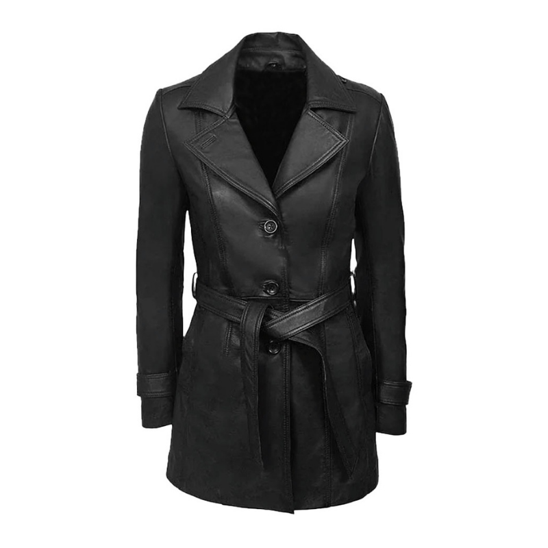 Women's Belted Three-Quarter Leather Coat