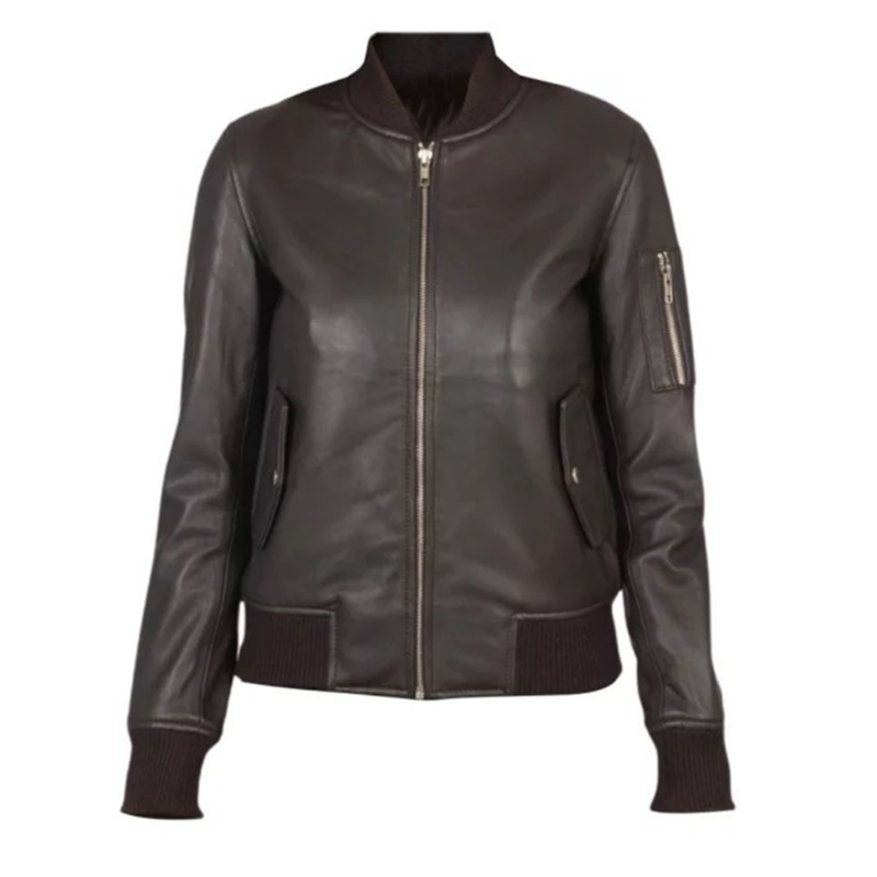 Women's Brown Leather Sleeve-Pocket Bomber