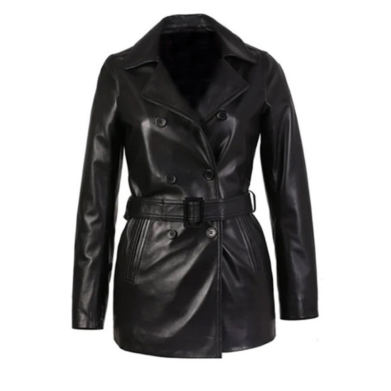 Women's Belted Double-Breasted Leather Coat