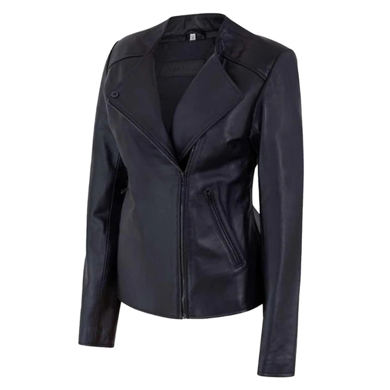 Women's Lapel-Collar Leather Moto Jacket
