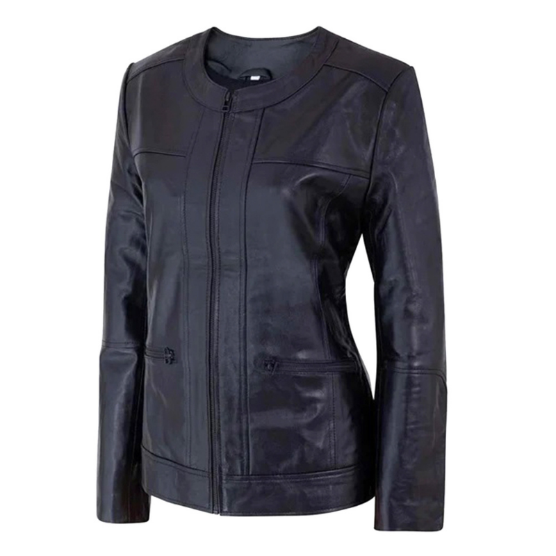 Women's Collarless Black Leather Jacket
