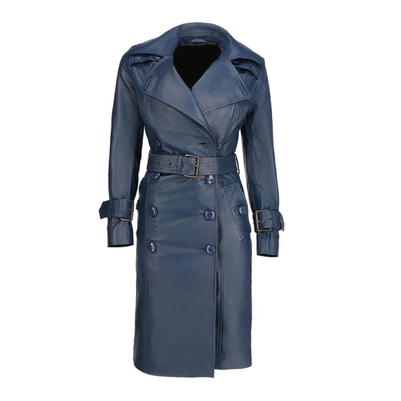 Women's Blue Leather Double-Breasted Trench
