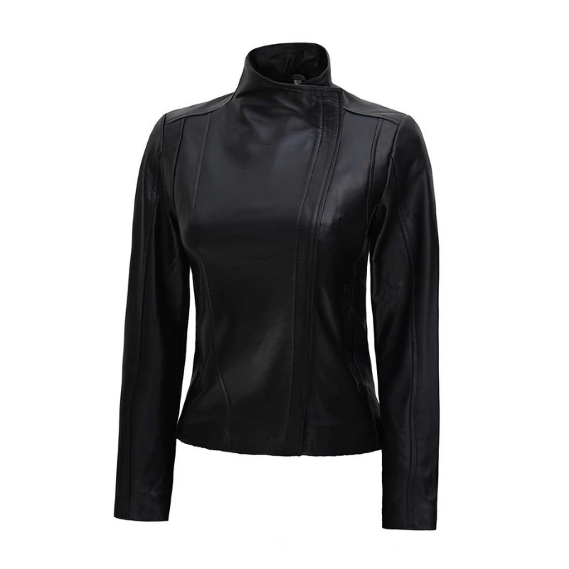 Women's High-Collar Black Leather Jacket