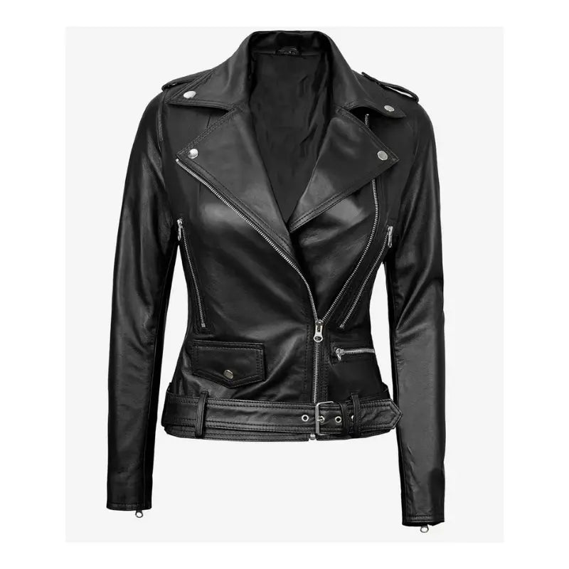 Women's Black Leather Belted Moto Jacket
