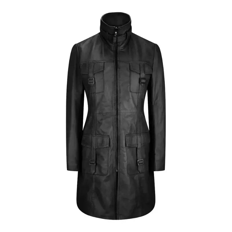 Women's Black Leather Zip-Front Coat