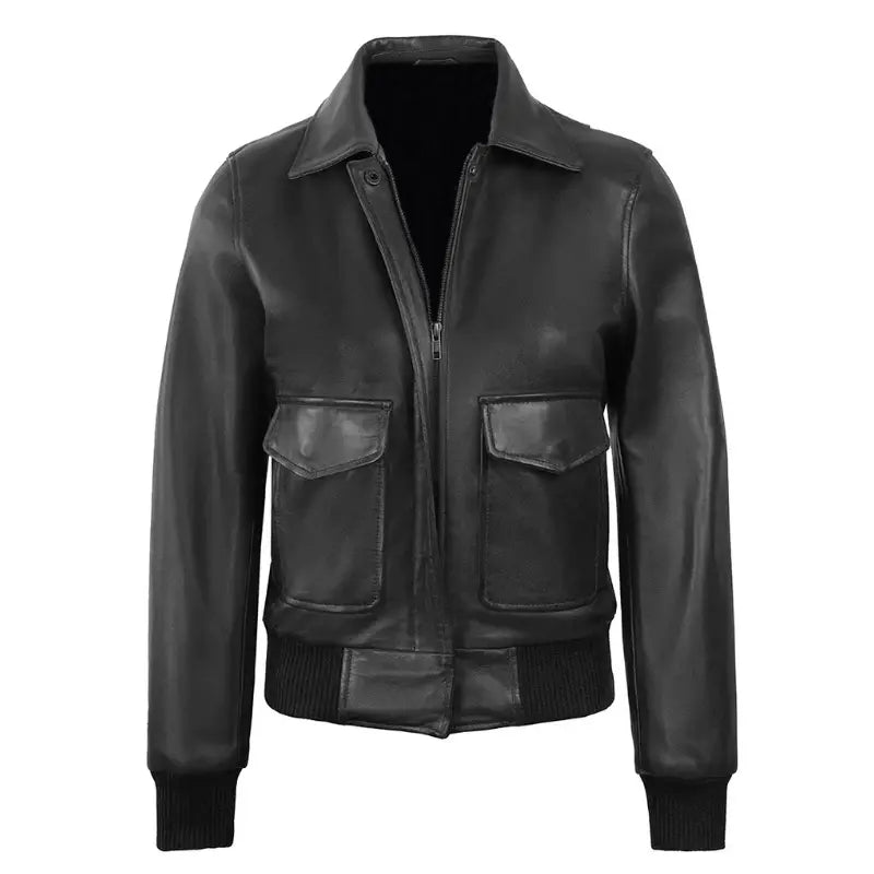 Women's Black Leather Bomber Jacket