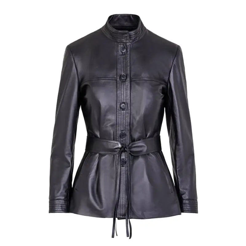 Women's Black Belted Leather Jacket
