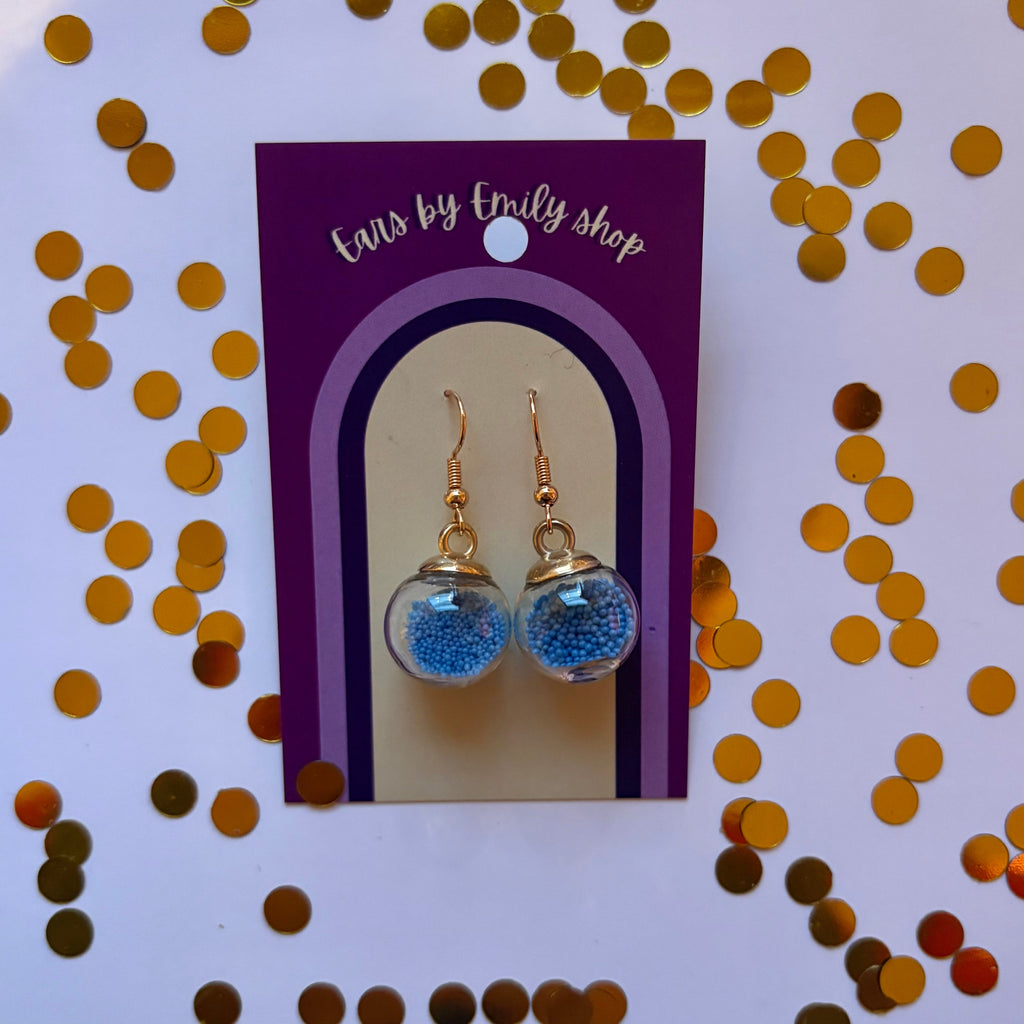 Blue ball bead sparkle bauble Christmas dangle earrings gold plated