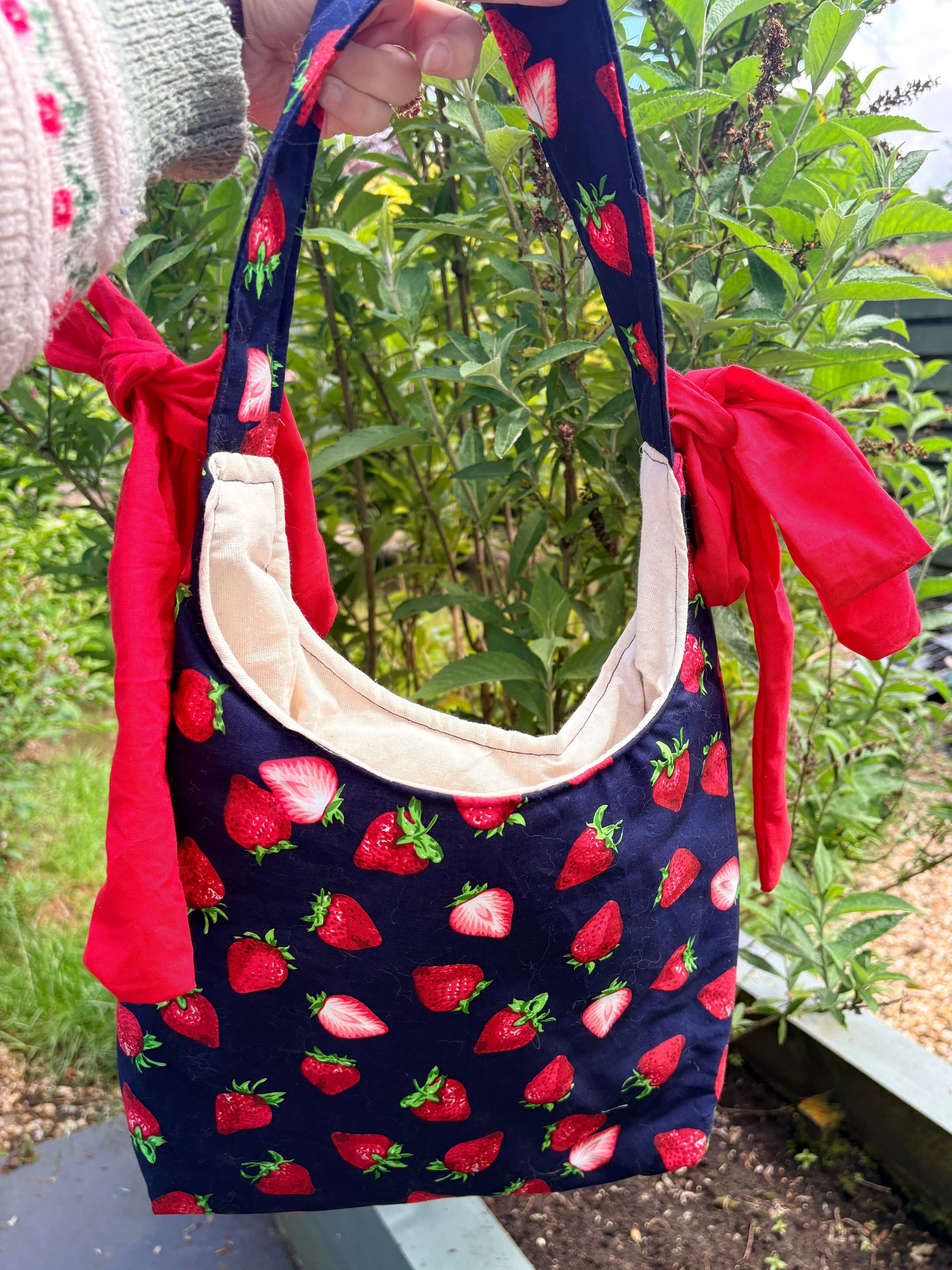 Handmade navy blue red strawberry coquette padded tote bag with bows