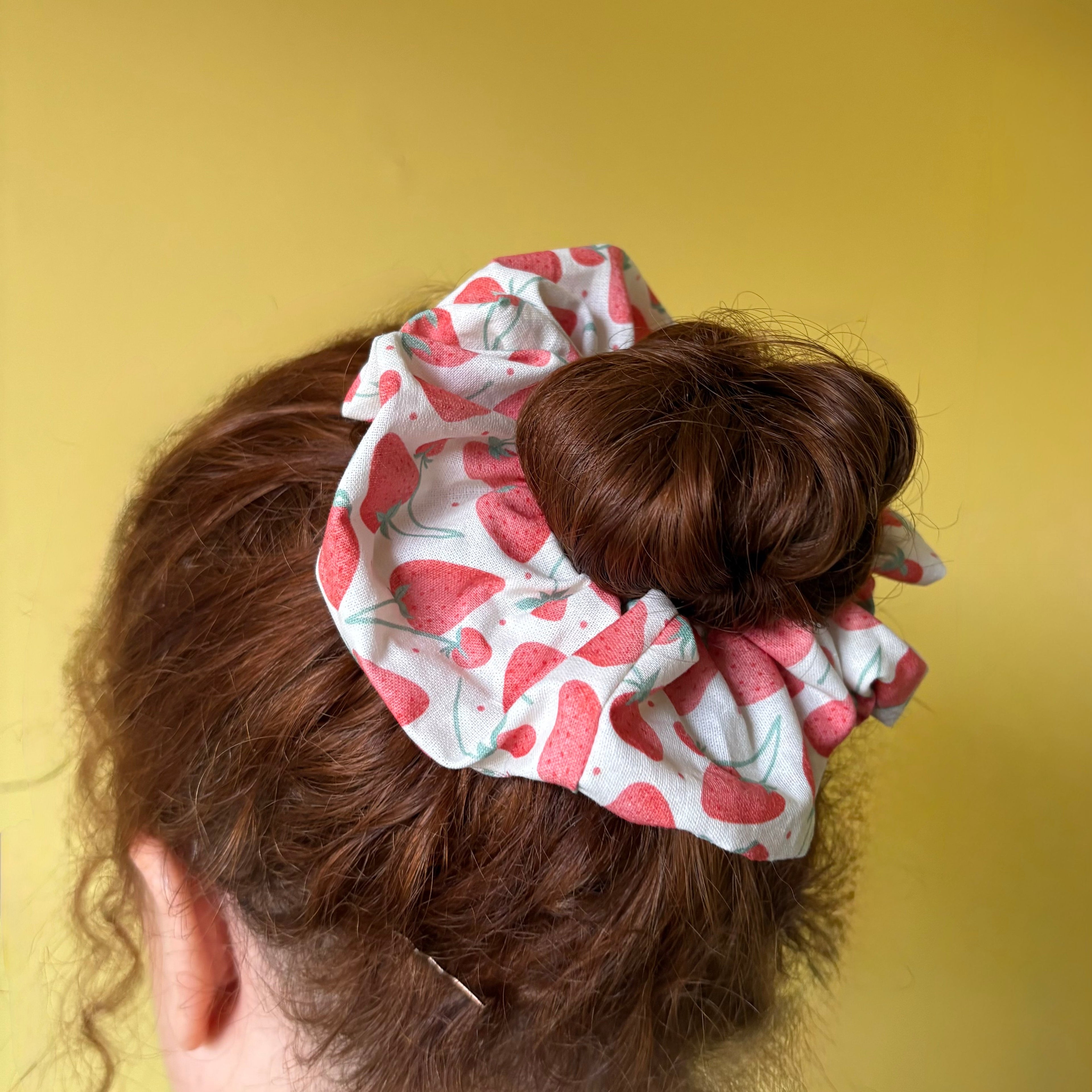 Handmade large white and red strawberry scrunchie