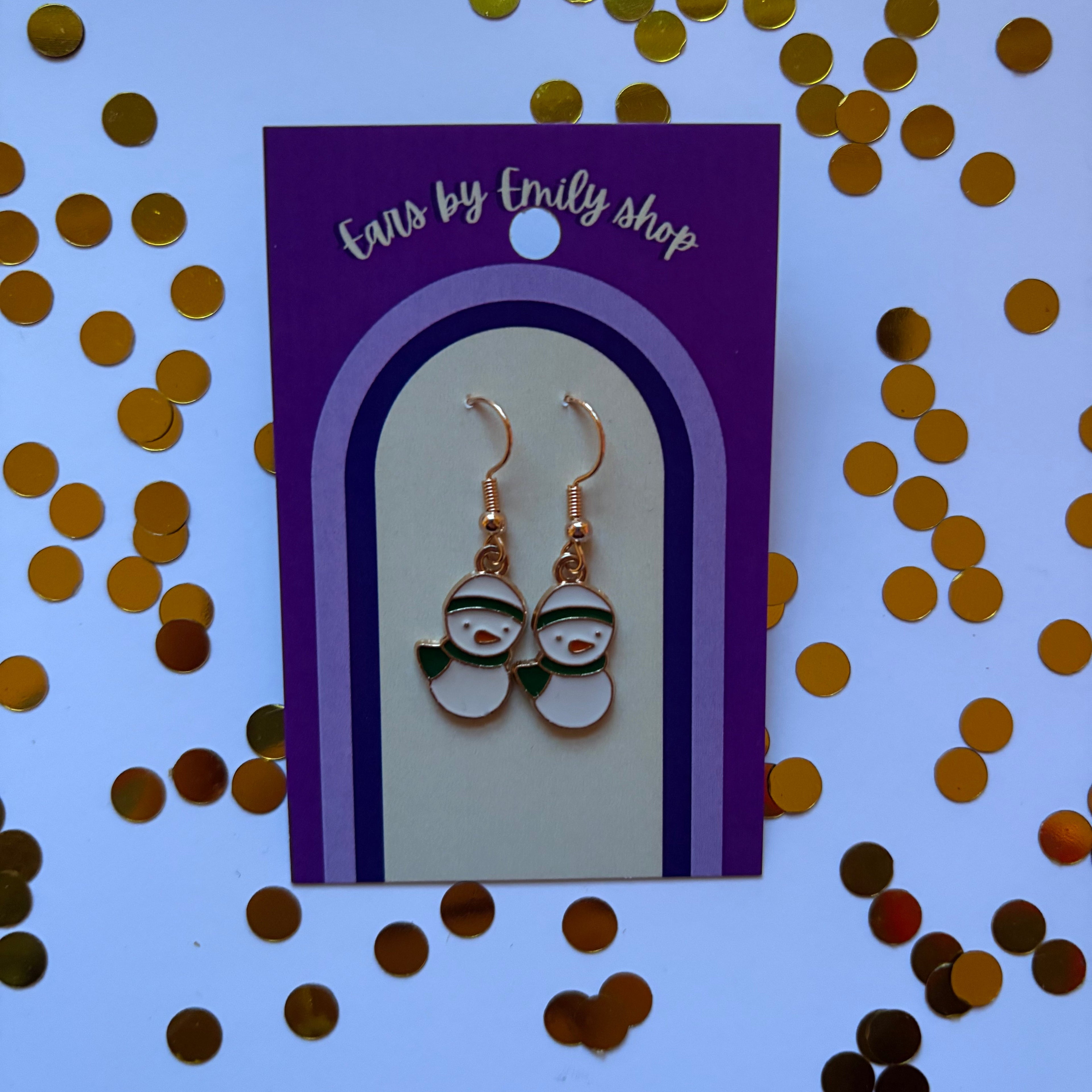 Gold and white Christmas duck snowman dangle earrings on gold plated hooks