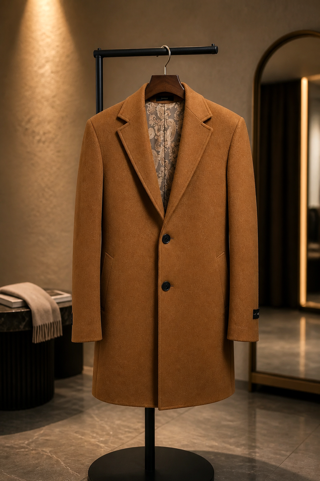 Classic Camel Wool-Blend Overcoat with Single Back Vent