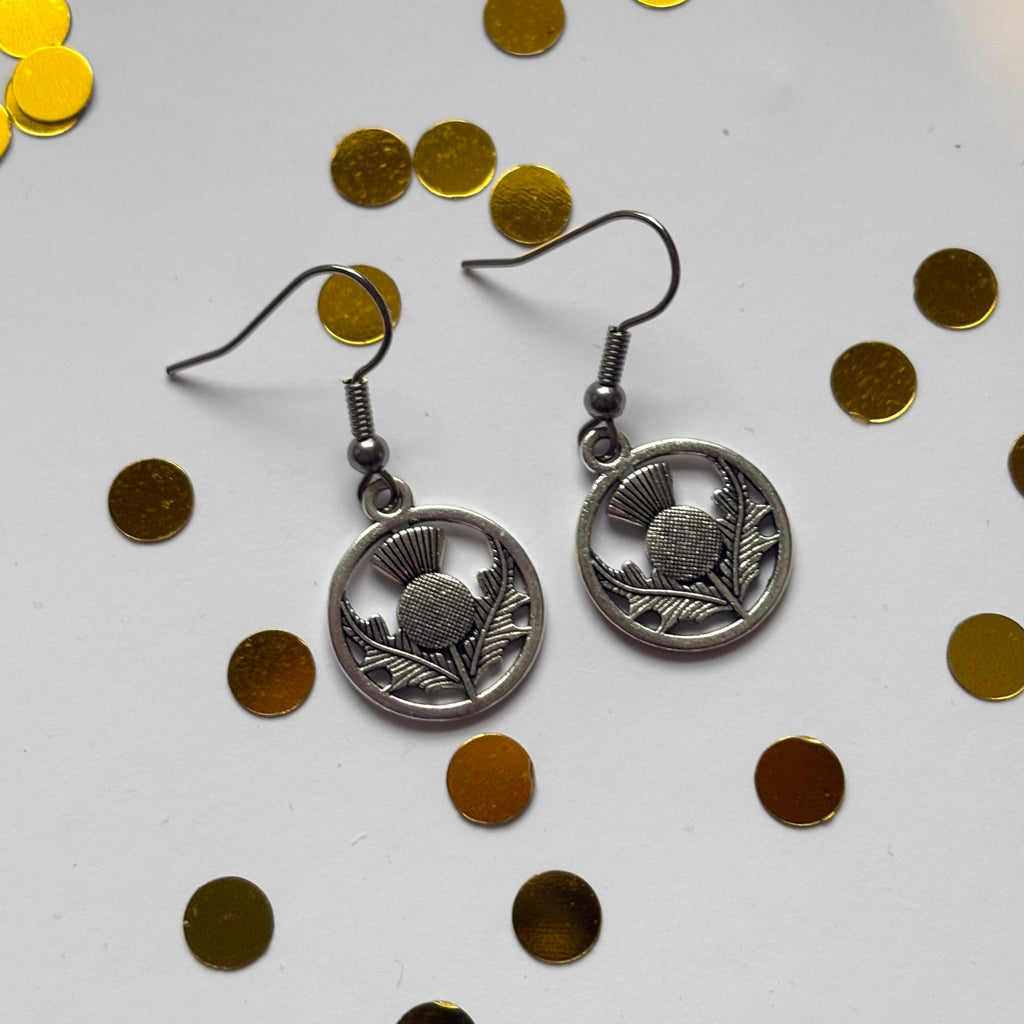 Silver Scottish thistle plant earrings