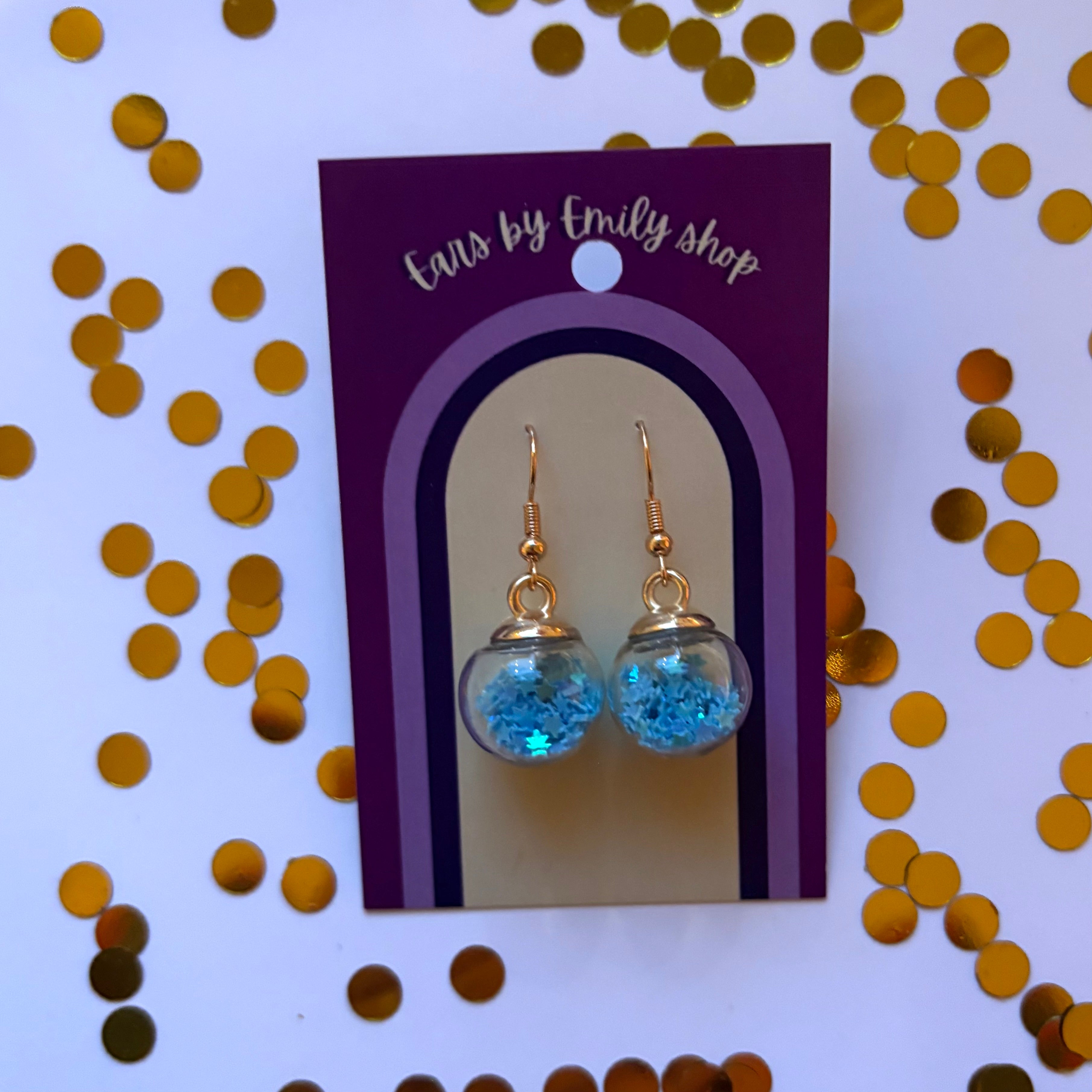 Light blue star sparkle bauble Christmas dangle earrings gold plated
