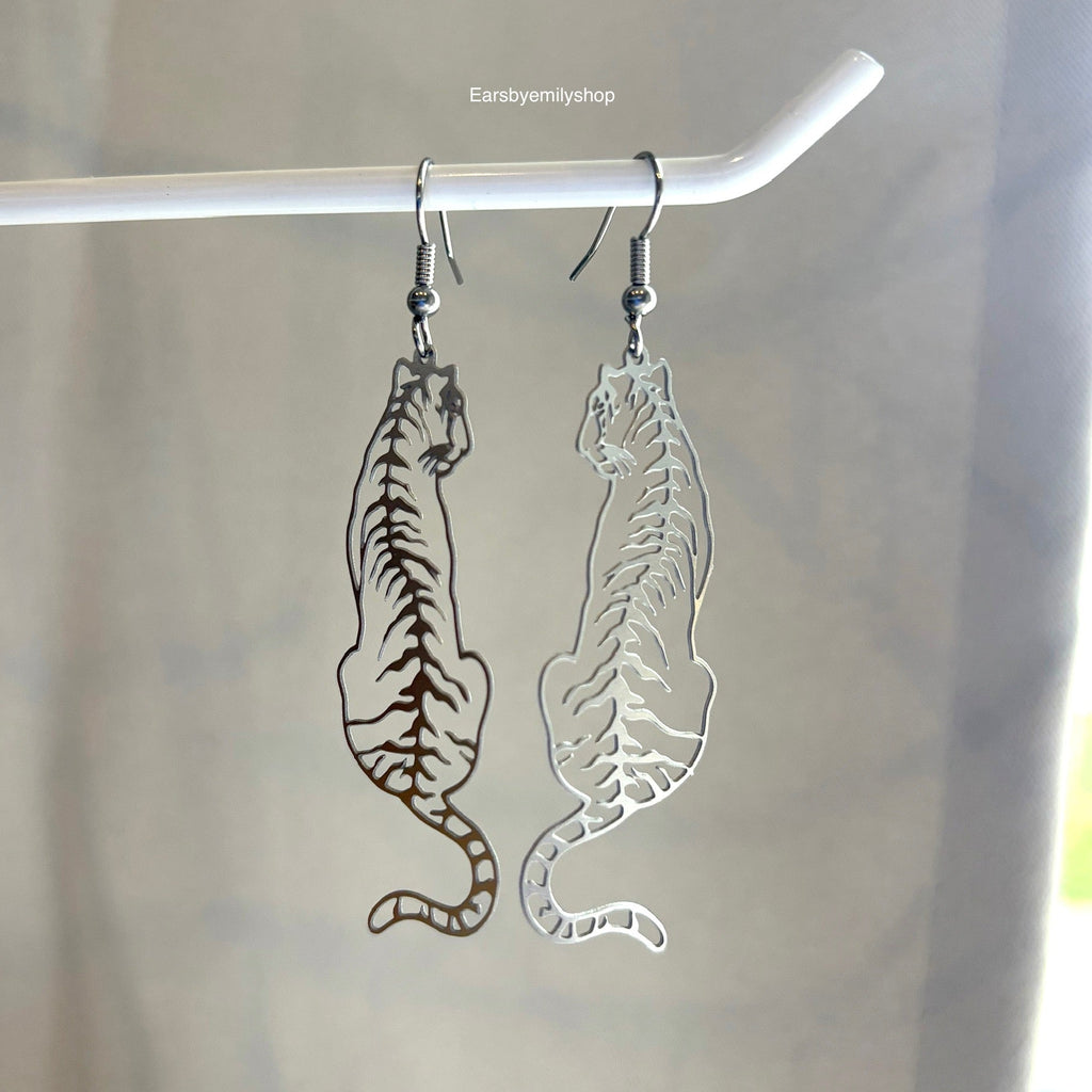 Big stainless steel silver tiger dangle earrings