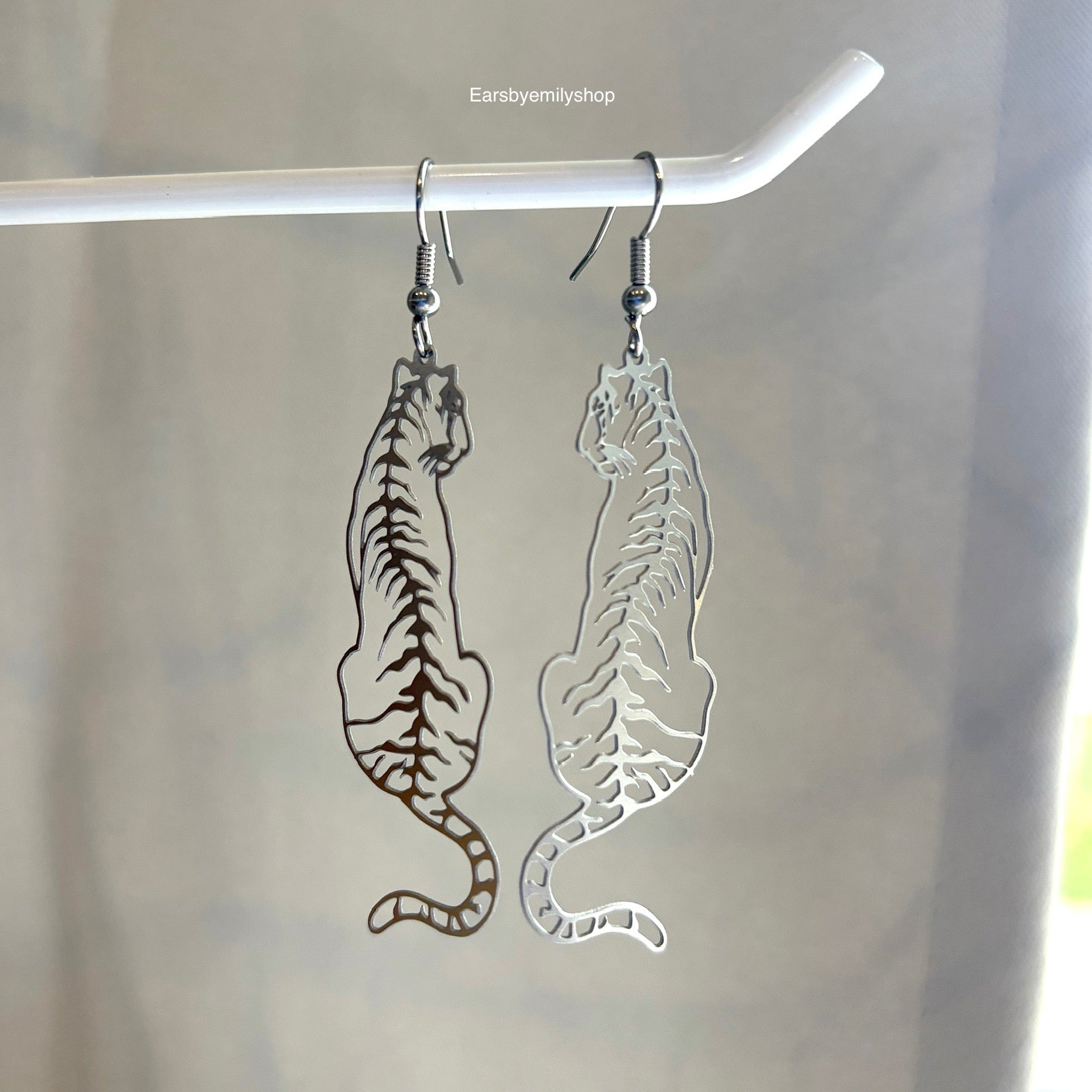 Big stainless steel silver tiger dangle earrings