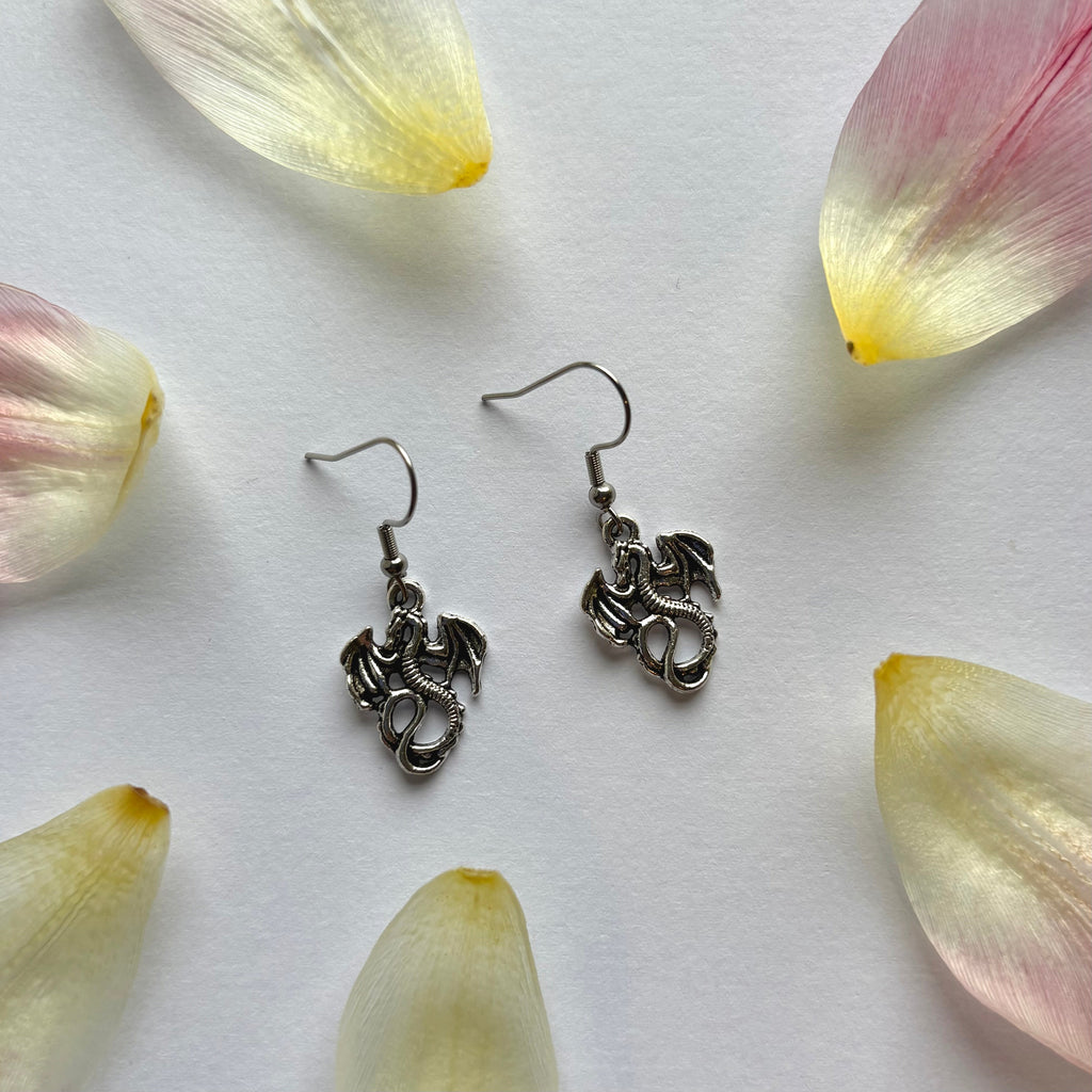 Silver little dragon dangle earrings