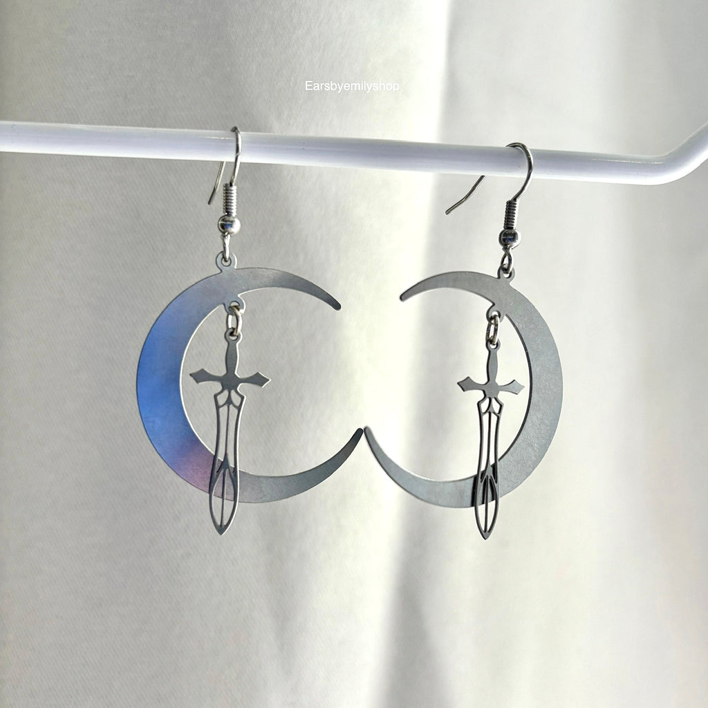 Large cool stainless steel moon with swords silver earrings