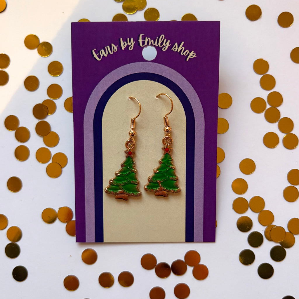 Green Christmas Tree gold earrings