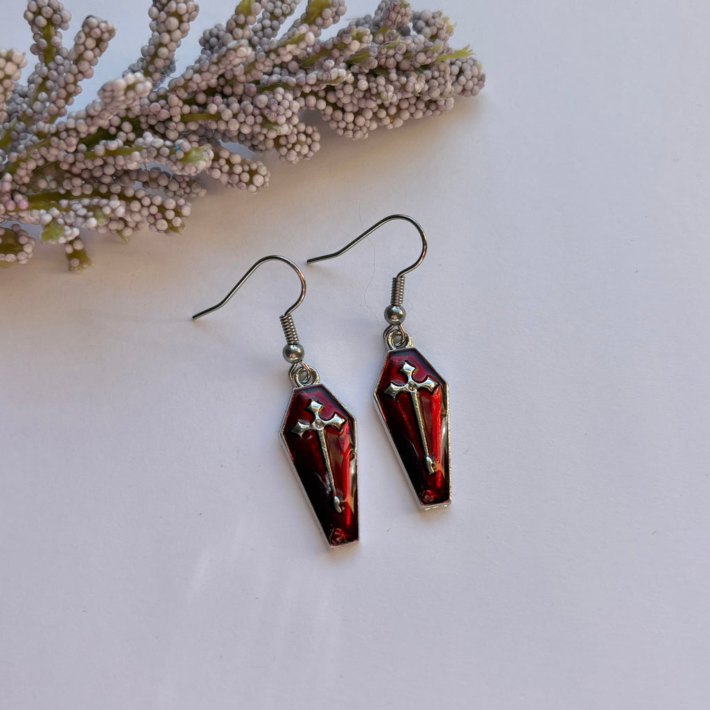Dark red silver coffin with cross halloween dangle earrings