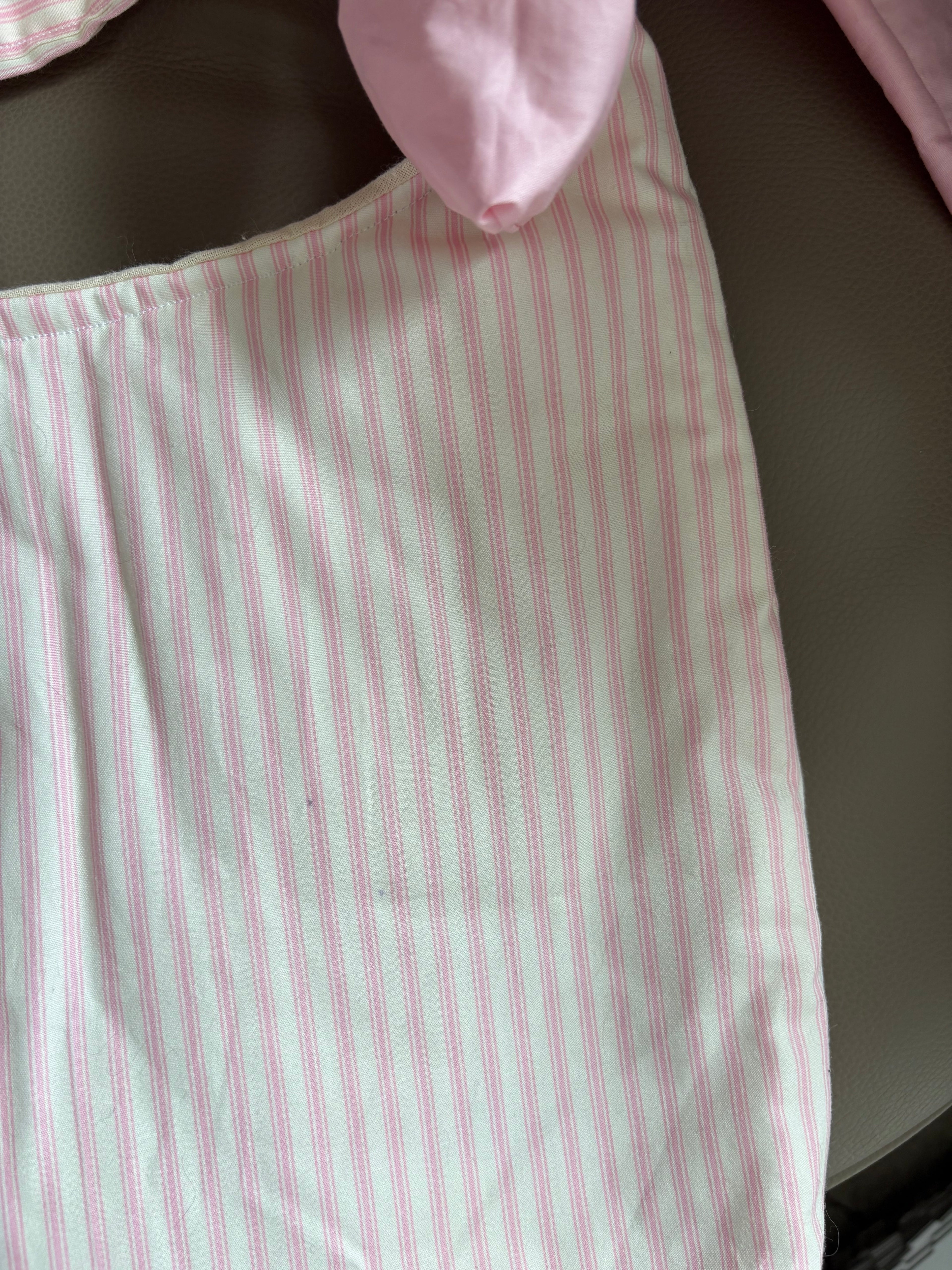 Handmade white and pink stripe coquette padded tote bag with bows