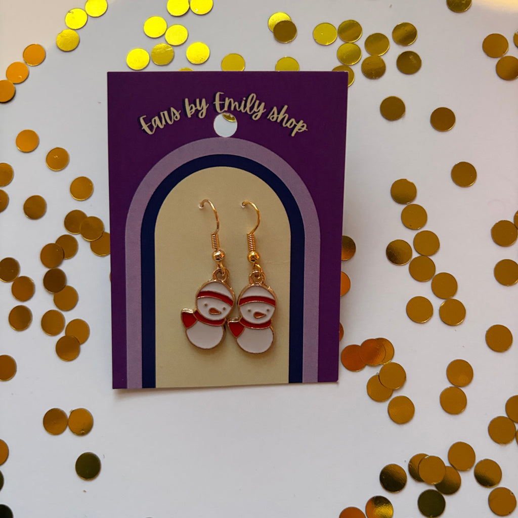 Gold and white Christmas duck snowman dangle earrings on gold plated hooks