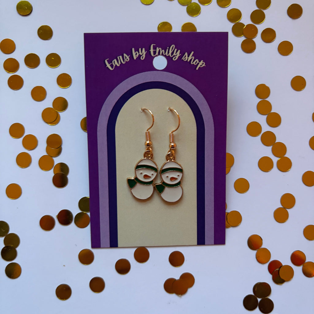 Gold and white Christmas duck snowman dangle earrings on gold plated hooks