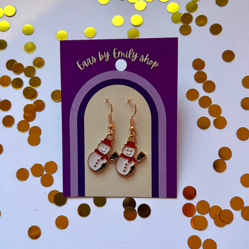 Gold and white Christmas angel snowman dangle earrings on gold plated hooks