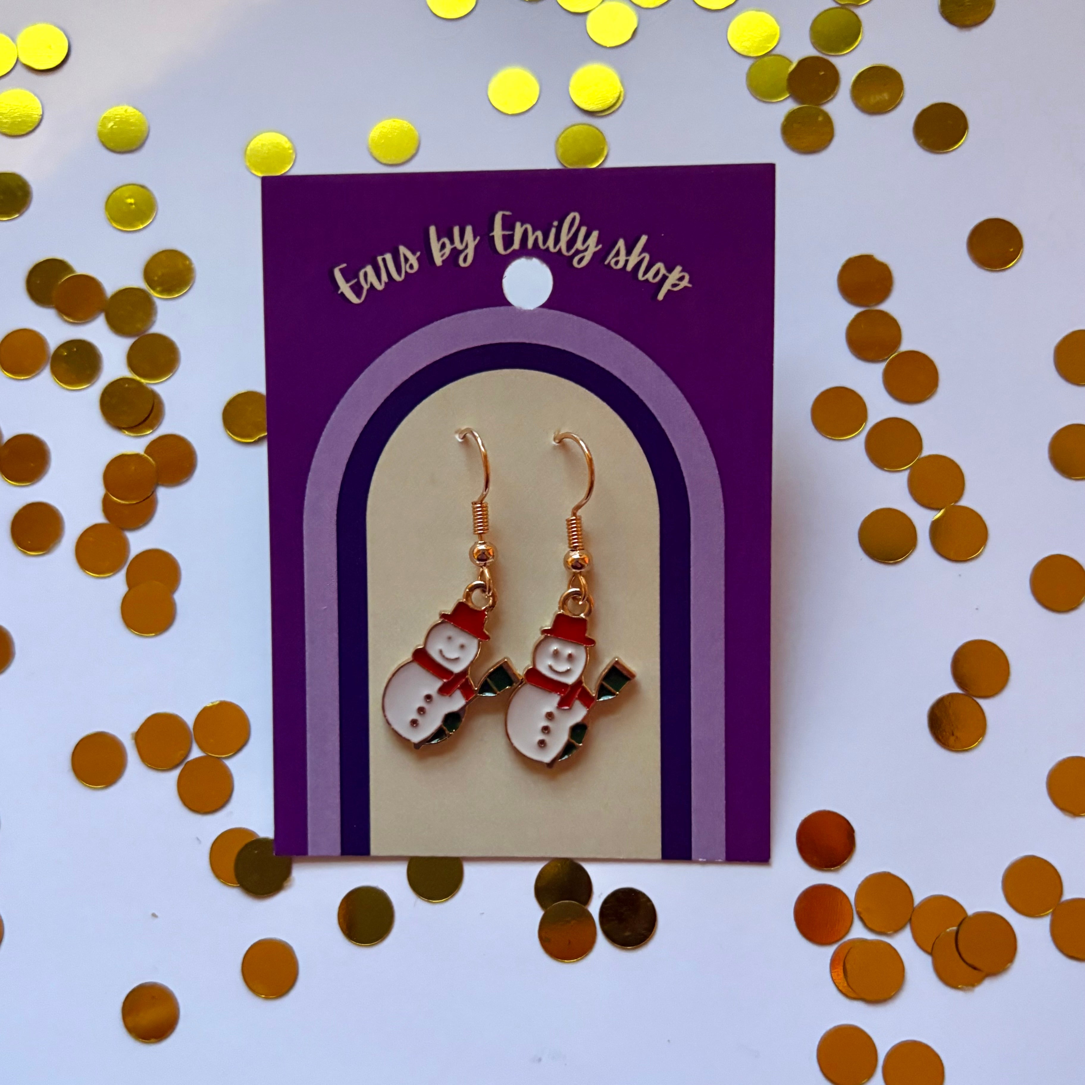 Gold and white Christmas angel snowman dangle earrings on gold plated hooks