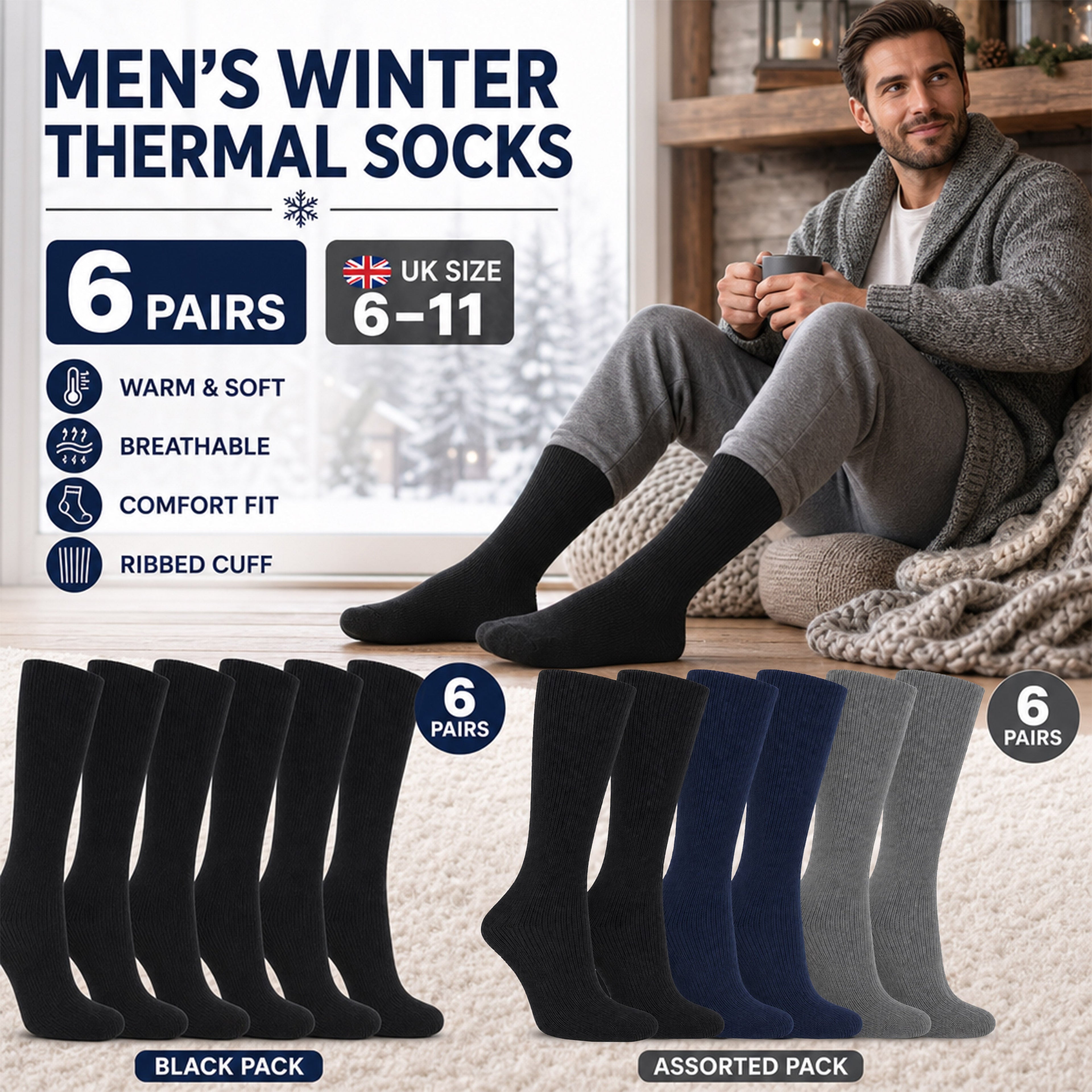 Sock Stack Men's Thermal Boot Socks 6 Pack Insulated Hiking Work Socks UK 6-11 Warm Brushed Winter Base Layer
