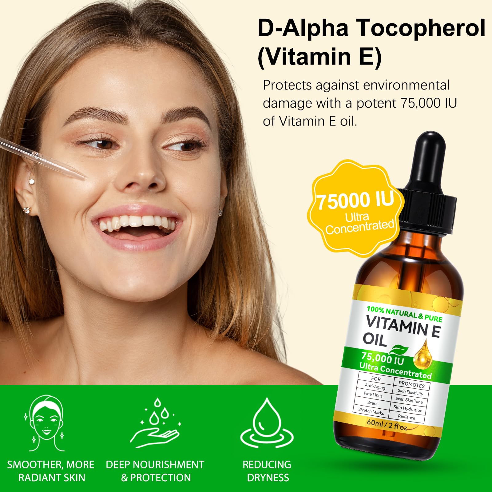 2-Pack Pure Vitamin E Oil 75,000 IU – Ultra Concentrated, Hexane-Free & Non-GMO for Skin, Hair & Nails
