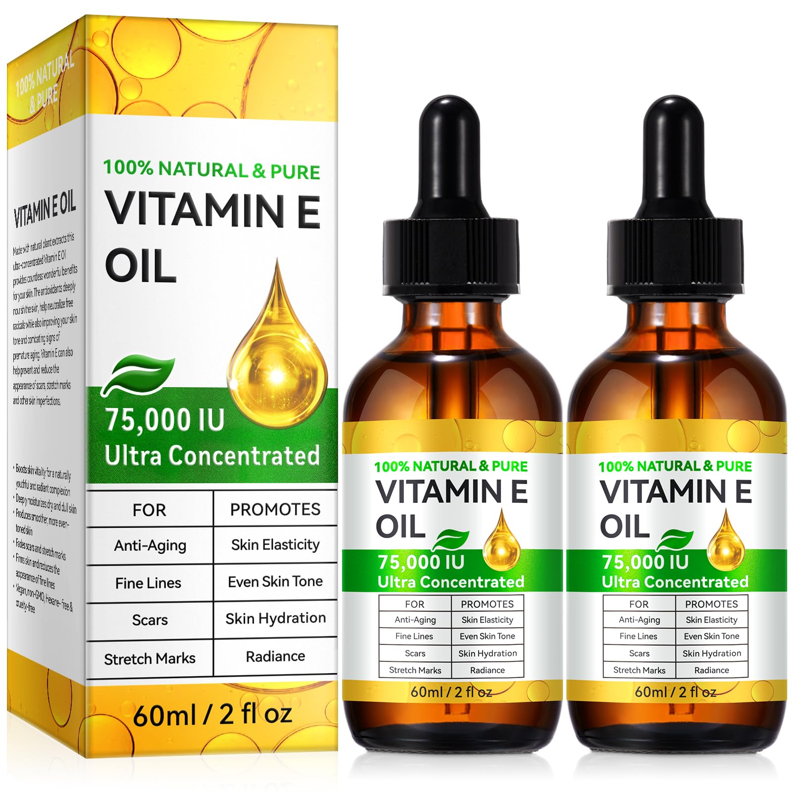 2-Pack Pure Vitamin E Oil 75,000 IU – Ultra Concentrated, Hexane-Free & Non-GMO for Skin, Hair & Nails