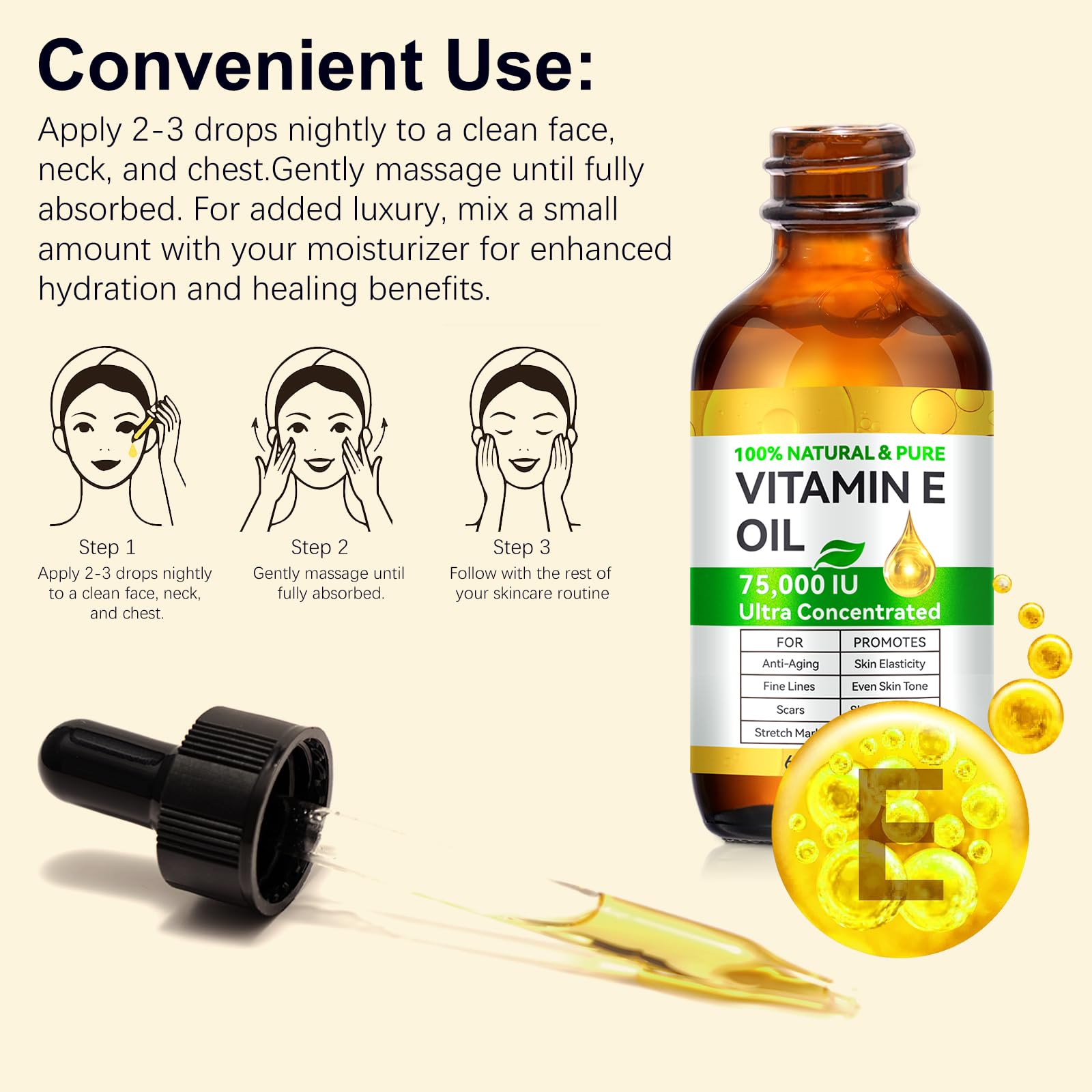2-Pack Pure Vitamin E Oil 75,000 IU – Ultra Concentrated, Hexane-Free & Non-GMO for Skin, Hair & Nails